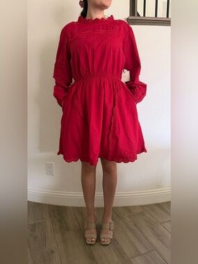 NWT LEA Red Long Sleeve Lace Trim Dress